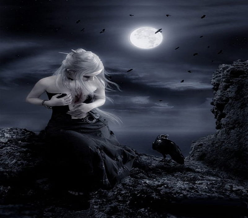 The Carriers Of The Soul, rocks, moon, crows, wound, dieing, woman, HD wallpaper