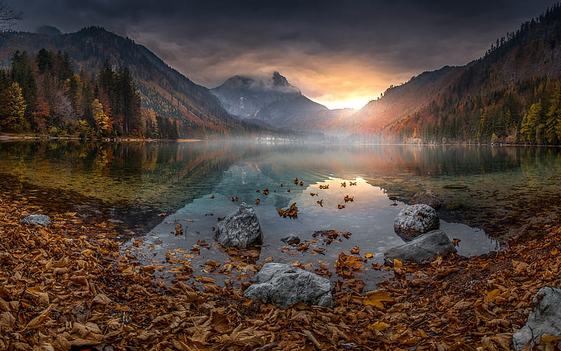 Langbathsee, mountain lake, autumn, evening, sunset, mountain landscape, forest, Upper Austria, Austria, HD wallpaper
