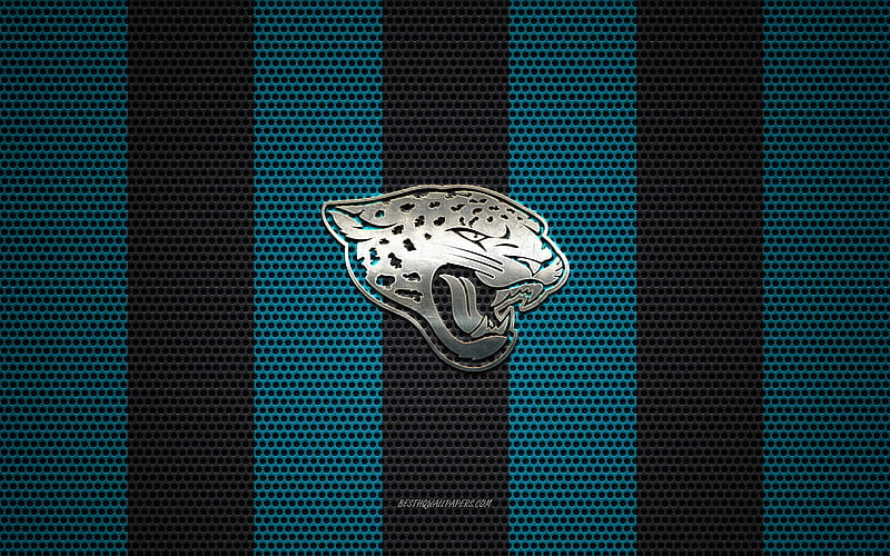 Jacksonville Jaguars logo, American football club, metal emblem, blue black metal mesh background, Jacksonville Jaguars, NFL, Jacksonville, Florida, USA, american football, HD wallpaper