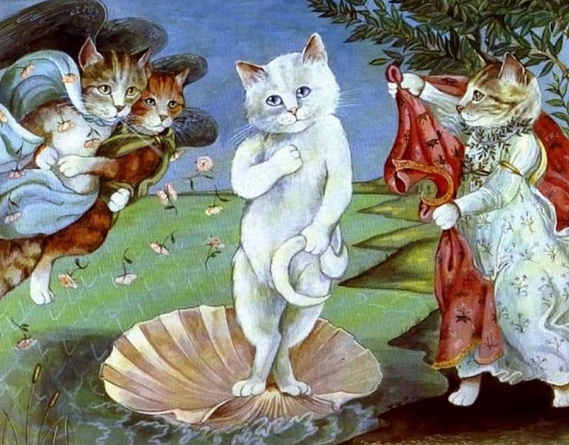 Star of the Shell, painting, cats, artwork, angels, sea, HD wallpaper