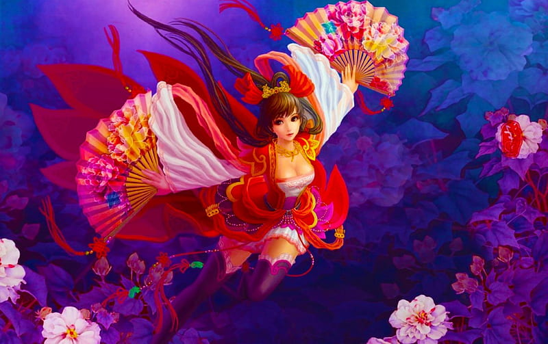 Oriental Fan Dancer, colorful, art, exotic, lovely, cg, bonito, woman, dancer, fantasy, girl, oriental, digital, HD wallpaper
