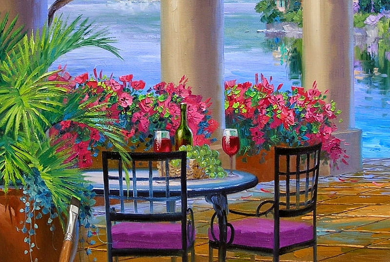 Great Outdoors, table, artist, fine, view, verandah, outdoors, terrace, sea, painting, awesome, chairs, flowers, nature, Mikki Senkarik, modern-realism, HD wallpaper