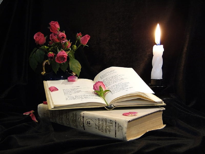 books, candles and roses, candle, still life, books, roses, abstract, HD wallpaper
