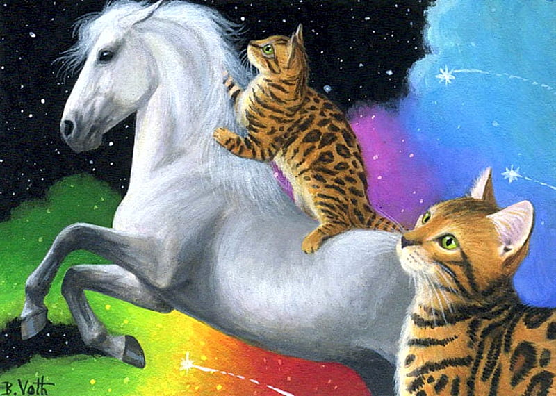 Baxter's Dream, painting, colors, horse, kitten, cats, artwork, HD wallpaper