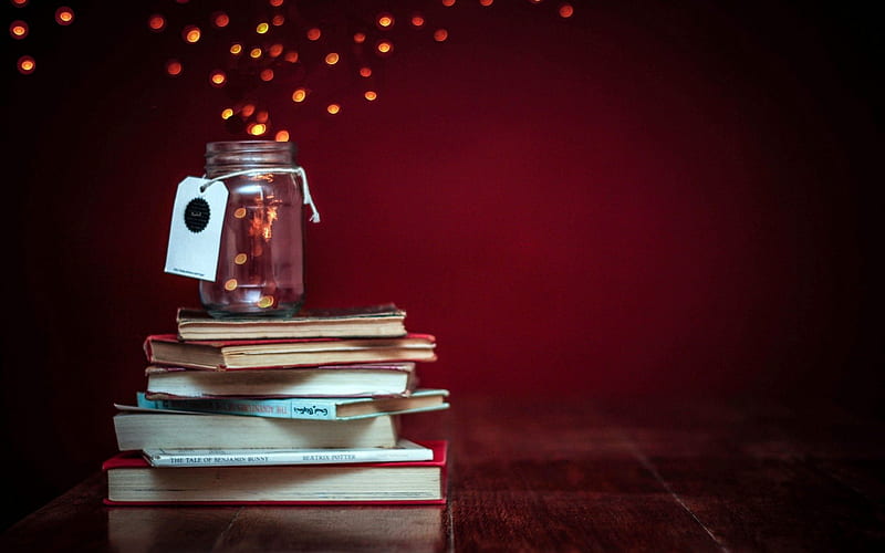 Bokeh, books, lights, jar, HD wallpaper