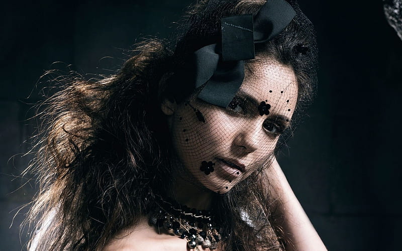 Nina Dobrev, Canadian actress, hoot, face, black veil, The Vampire Diaries, HD wallpaper