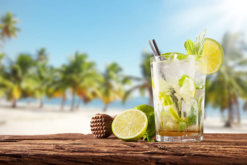 Mojito, beach, cocktail, fresh, drink, tropical, lime, palms, HD wallpaper
