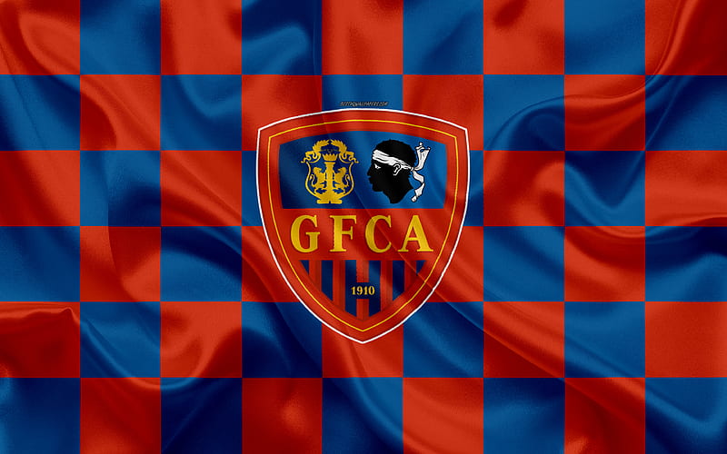 GFC Ajaccio logo, creative art, orange blue checkered flag, French football club, Ligue 2, new emblem, silk texture, Ajaccio, France, football, Gazelec Ajaccio, HD wallpaper