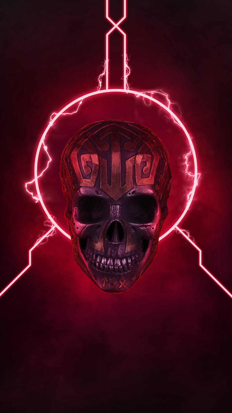 Skull Red Energy, electricity, energy, lightning, neon energy, neon glow, red, red neon, skull, HD phone wallpaper