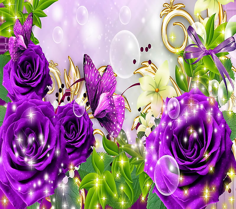 Purple Roses, butterfly, desenho, floral, purple, rose, HD wallpaper