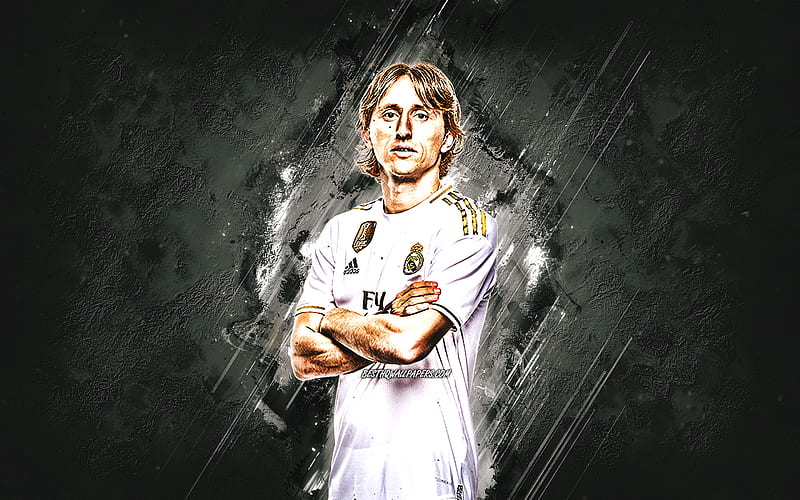 Luka Modric, Real Madrid, Croatian footballer, midfielder, La Liga, Spain, Real Madrid 2020 footballers, gray stone background, creative art, football, HD wallpaper