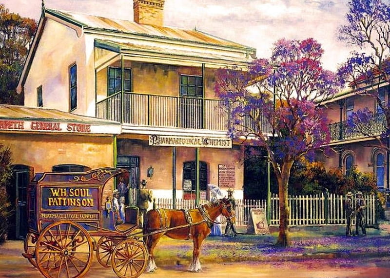 Pharmacist doing the Round, Horse, house, painting, cart, trees, artwork, HD wallpaper