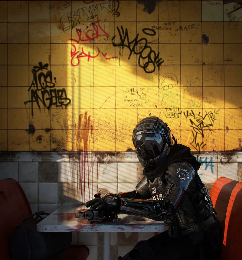 police, futuristic, wall, graffiti, blood, Los Angeles, SWAT, yellow, HD phone wallpaper