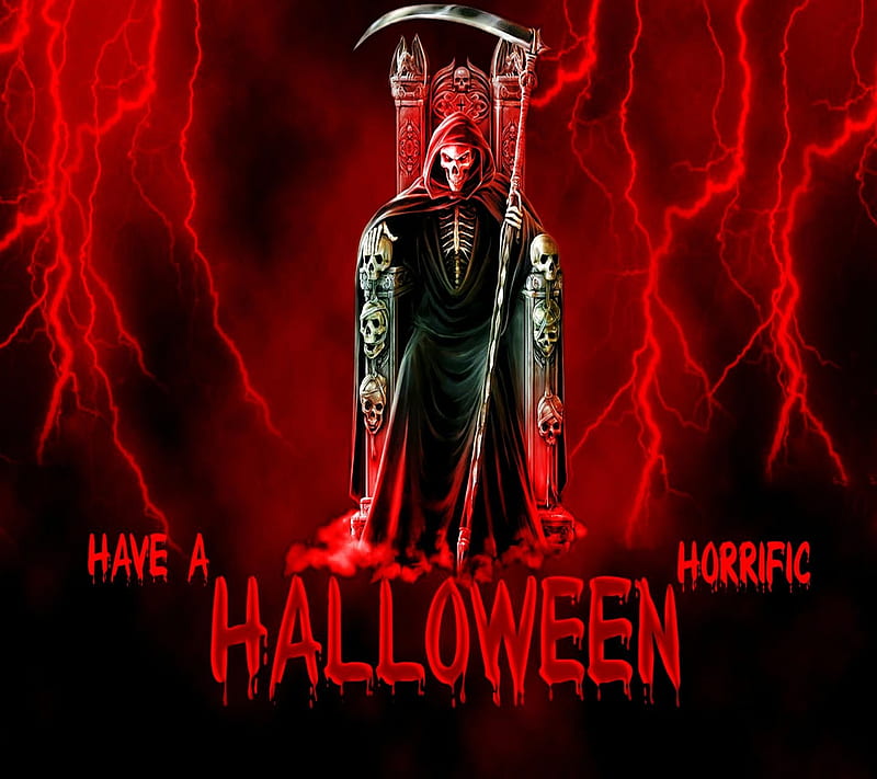 Halloween, blood, dark angel, death, horror, reaper, scary, skull, thunder, HD wallpaper