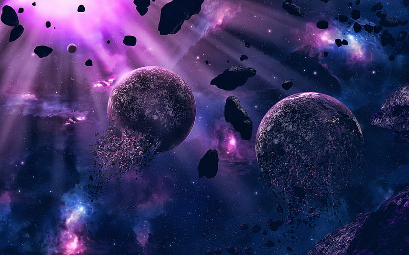destruction of planets nebula, galaxy, stars, explosion of planet, asteroids, sci-fi, universe, planets, HD wallpaper