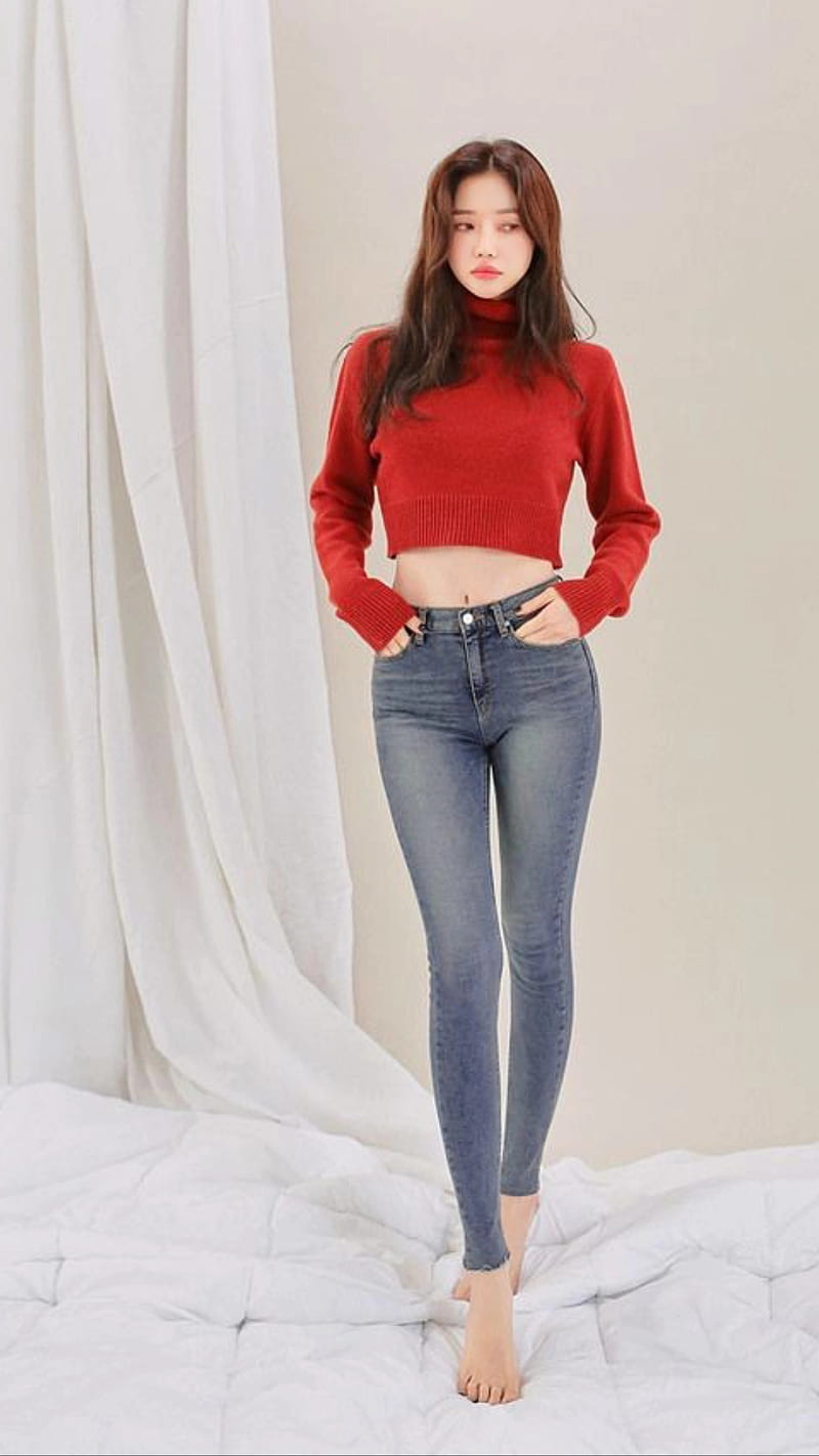 Cute girl, asian, fashion, jeans, lovely, pretty, red hair, red shirt, HD phone wallpaper