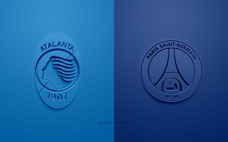 Atalanta vs PSG, UEFA Champions League, 3D logos, promotional materials, blue background, Champions League, football match, PSG, Atalanta, Paris Saint-Germain, HD wallpaper