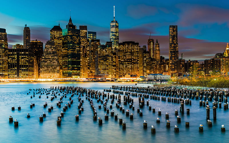 New York, Manhattan, evening, city lights, skyscrapers, bay, Lower Manhattan, East River, USA, HD wallpaper