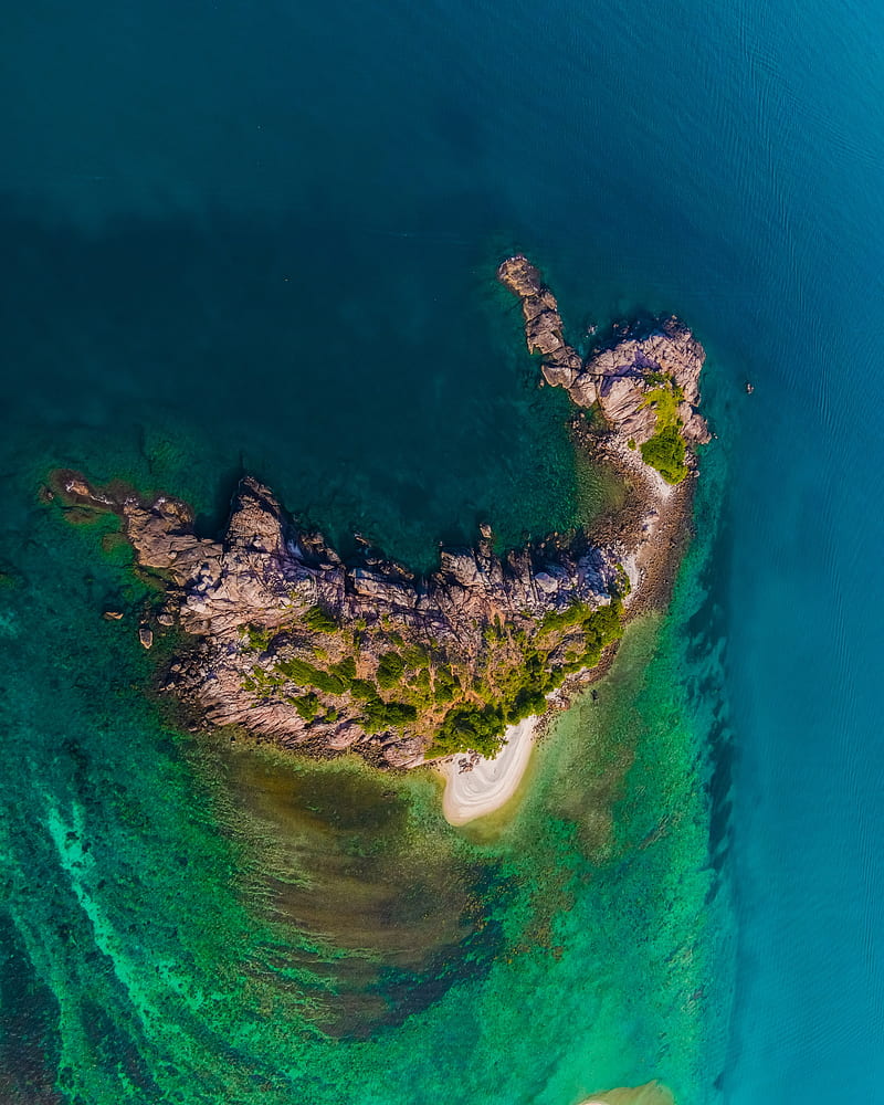 island, rocks, aerial view, relief, ocean, HD phone wallpaper