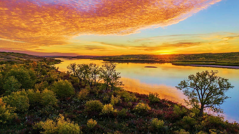 End Of Fall - Saskatchewan, Canada, landscape, trees, clouds, colors, sky, lake, evening, HD wallpaper