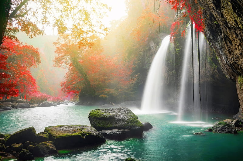 Autumn Waterfall, Blue Green, Autumn, Rocks, Red, Orange, Stumps, Nature, Spray, Water, Beauty, Trees, Waterfalls, HD wallpaper