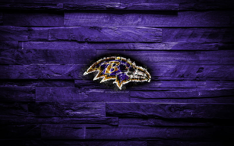 Baltimore Ravens scorched logo, NFL, violet wooden background, american baseball team, American Football Conference, grunge, baseball, Baltimore Ravens logo, fire texture, USA, AFC, HD wallpaper