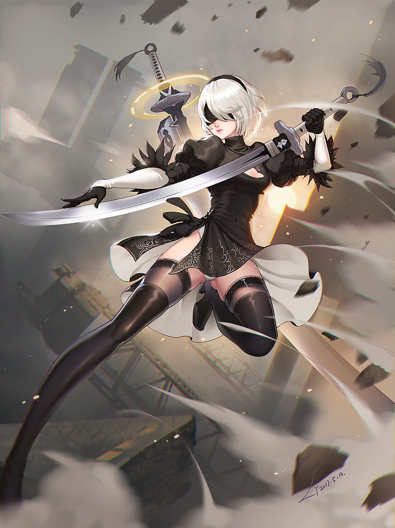 Automata, girl, gray hair, online, samurai, socks, sword, HD phone wallpaper