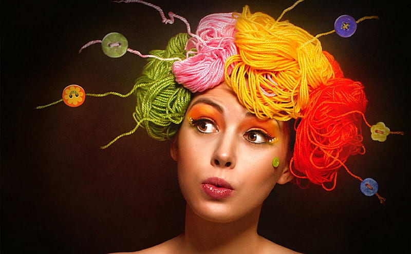 Girl in yarn wig, colorful, yarn, girl, wig, face, HD wallpaper
