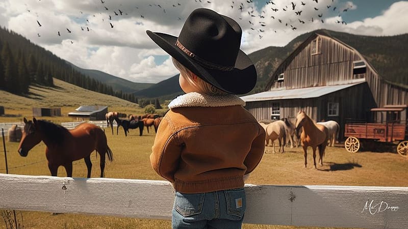 The Ranchers Son 2, farm, child, wagon, boy, horses, cowboy, barn, ranch, hay, field, corral, mountains, HD wallpaper