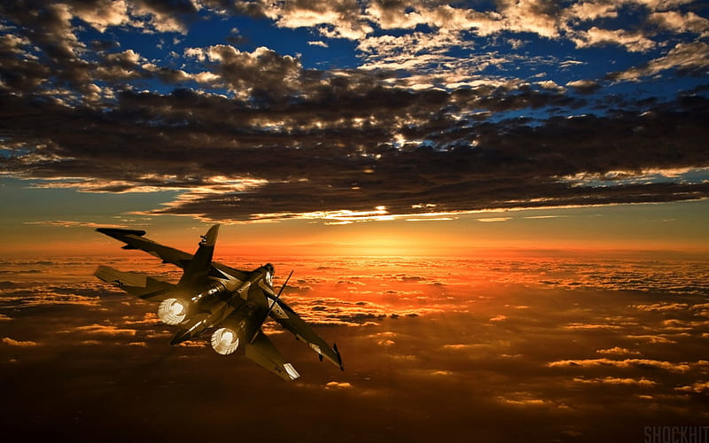 Jet In Sunset, Jets, Battle, Aircraft, SunSet, HD wallpaper