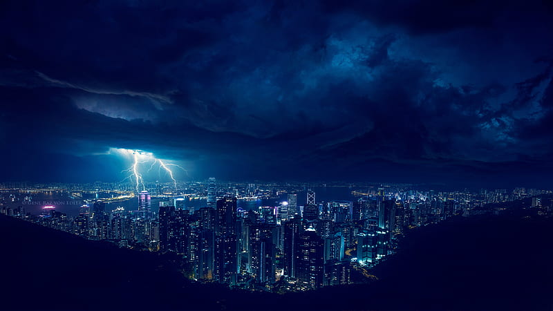Storm Night Lightning In City , lightning, city, storm, night, graphy, blue, HD wallpaper