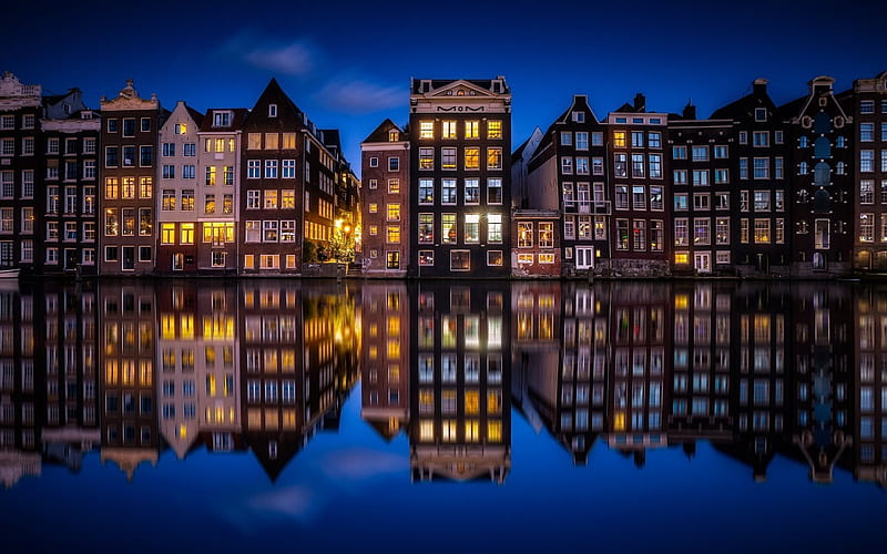Netherlands, canal, night, Amsterdam, reflections, Holland, HD wallpaper