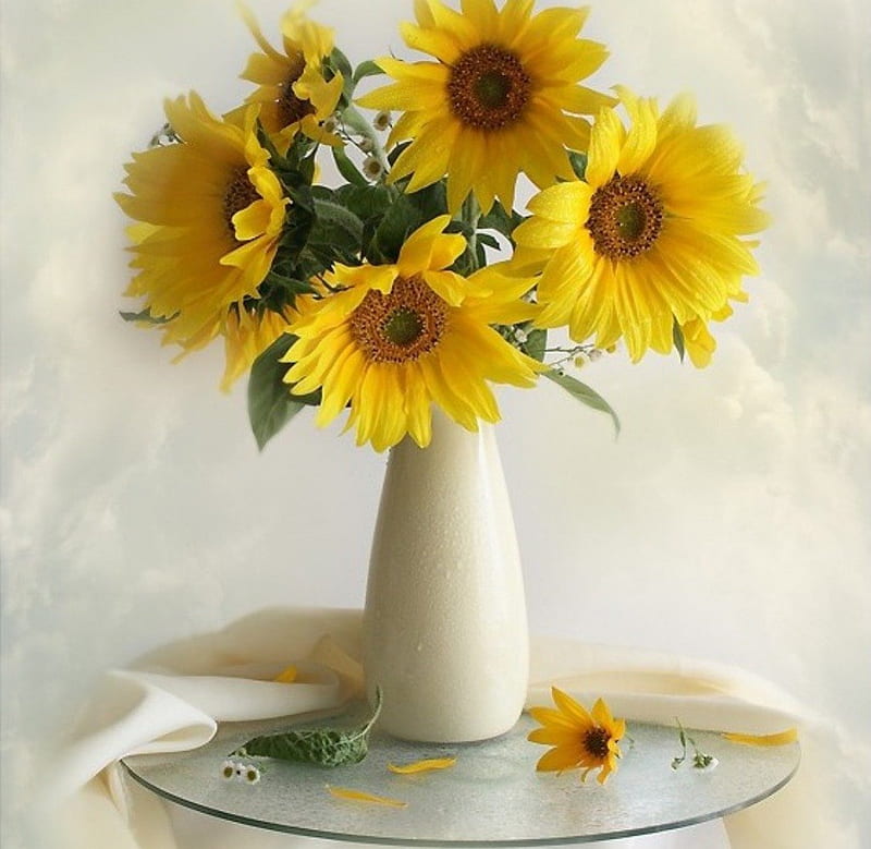 Sunflowers Still life, stilllife, sunflowers, flowers, yellow, vase, HD