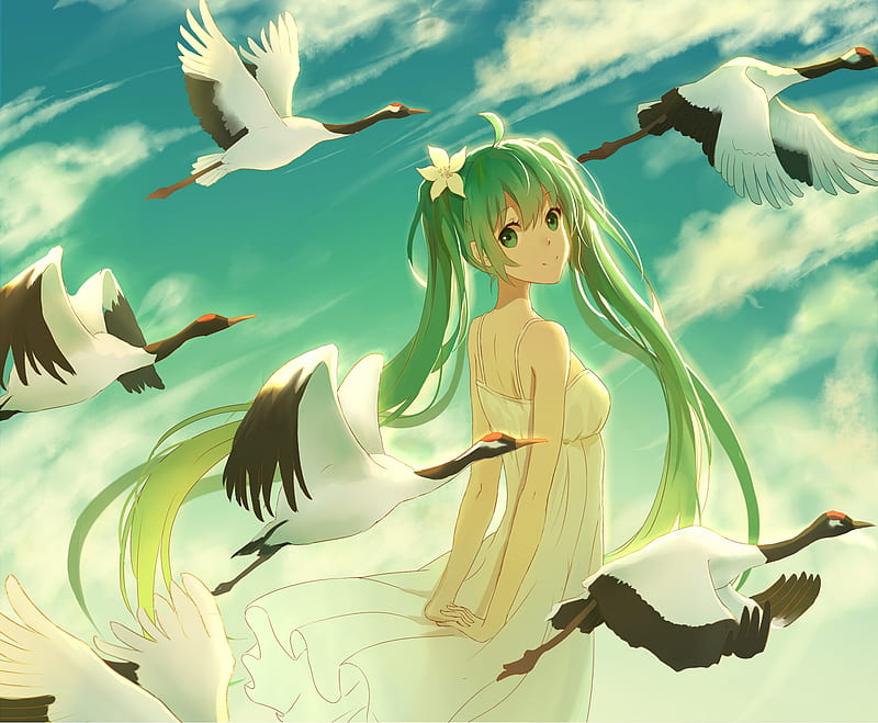 Hatsune Miku, wings, pasare, crane, manga, lan jue, girl, green, bird, anime, summer, white, blue, HD wallpaper