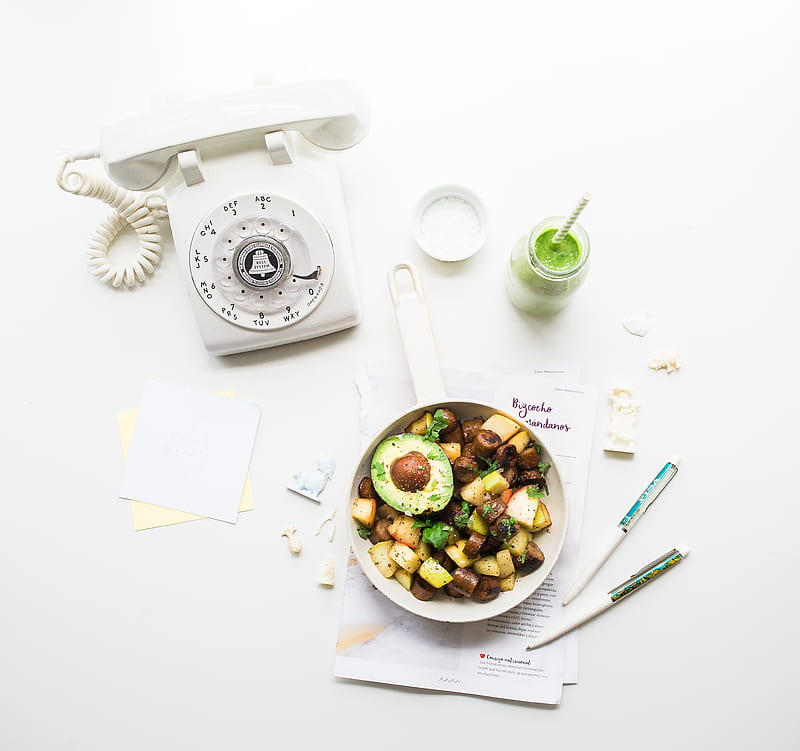 sliced avocado fruit inside bowl near rotary phone beside jar, HD wallpaper