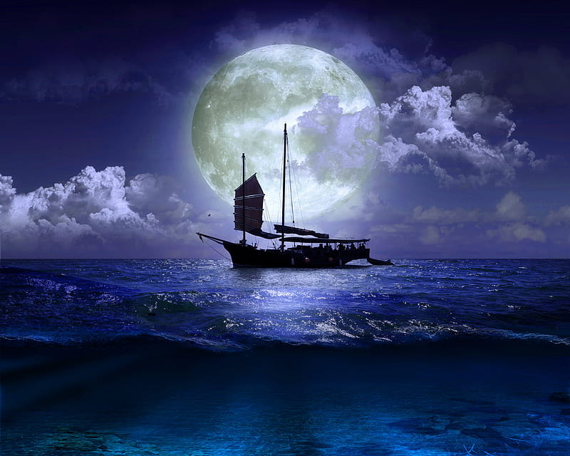 Moonlight, boat, moon, nature, night, sea, water, HD wallpaper