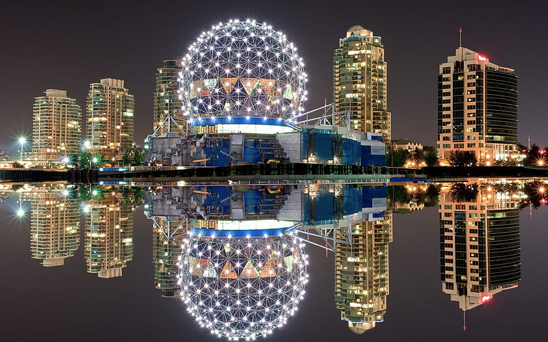 lights, vancouver, canada, night, reflection, skyscrapers, HD wallpaper