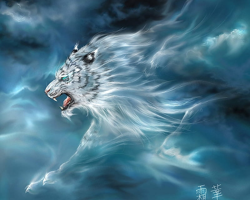 Tiger spirit, spirit, fantasy, luminos, tiger, white, blue, HD wallpaper