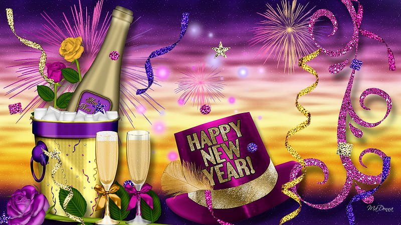 New Years Celebration, brand thunder, glow, 2012, shine, firefox persona, gold, streamers, fireworks, pink, bt engage, new years, celebration, roses, hat, purple, champagne, sparklers, HD wallpaper