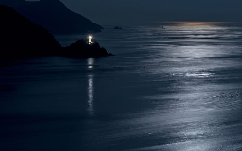 lovely beacon light at night, beacon, shore, lights, sea, night, HD wallpaper