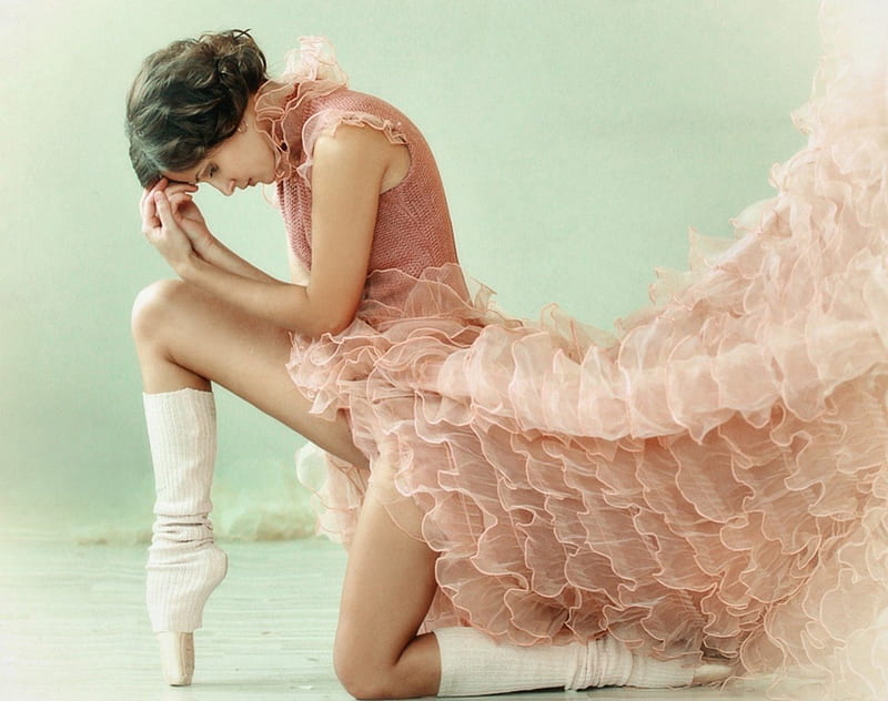 Ballerina, dress, flamenco, woman, brunette, girl, green, beauty, dance, white, pink, HD wallpaper