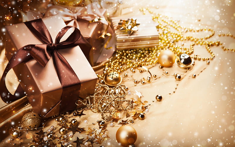 Christmas Jewelry, christmas, brown, ribbon, golden, shine, box, presents, bow, HD wallpaper