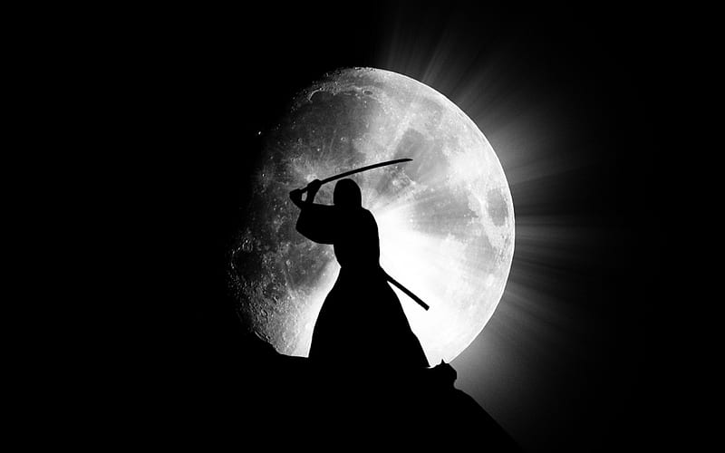 samurai by moonlight, moon, sword, night, person, HD wallpaper