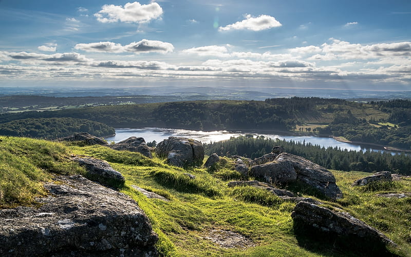Dartmoor, England, mountain, view, fields, landscape, England, HD wallpaper