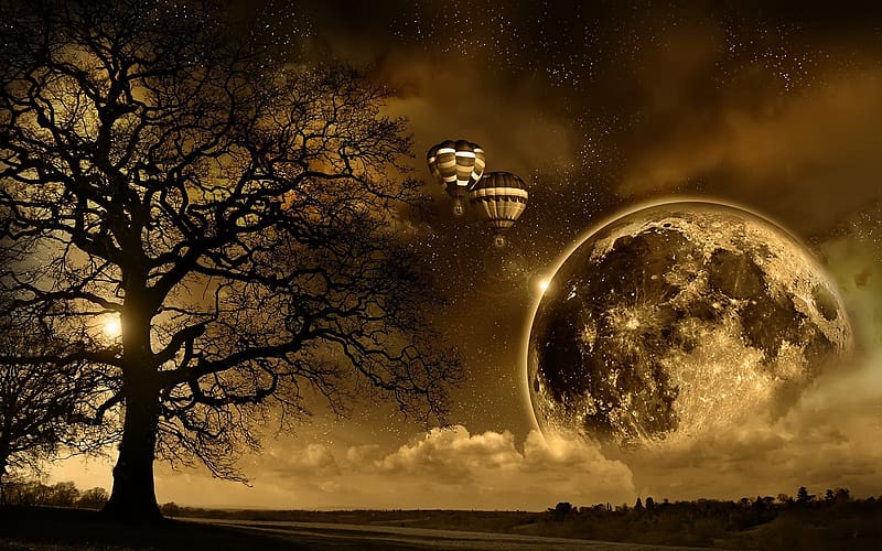 Landscape, Fantasy, Moon, Tree, Brown, Space, Sci Fi, Hot Air Balloon, HD wallpaper