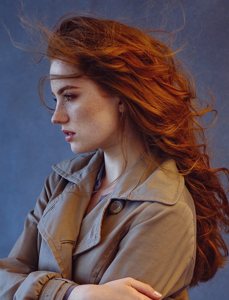women, looking into the distance, redhead, freckles, profile, portrait, long hair, overcoats, trench coat, windy, HD phone wallpaper