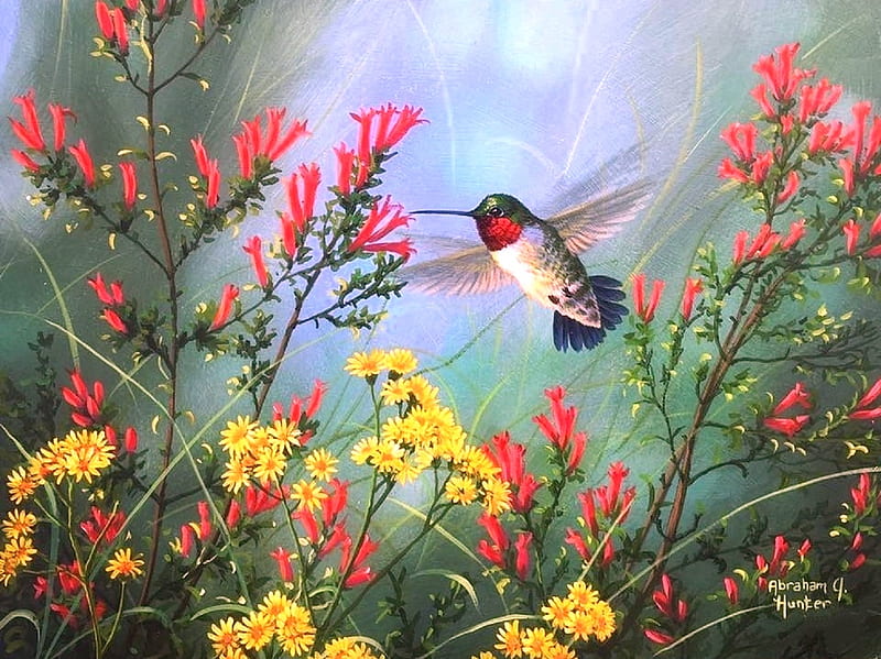 Ruby-Throat, wild flowers, love four seasons, birds, hummingbird, spring, paintings, summer, flowers, nature, animals, HD wallpaper