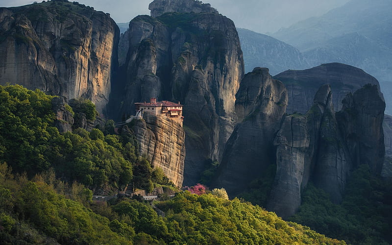 Meteora, mountain monastery, evening, sunset, mountain landscape, Krasi Matarov, Thessaly, Greece, Eastern Orthodox monasteries, Europe, HD wallpaper