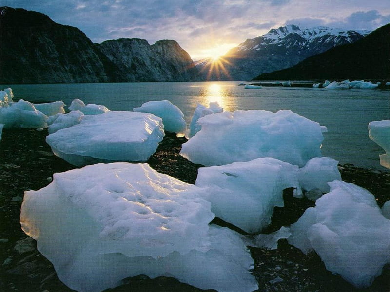 Sunshine on Ice, mountains, ocean, sunbeams, icebergs, winter, HD ...