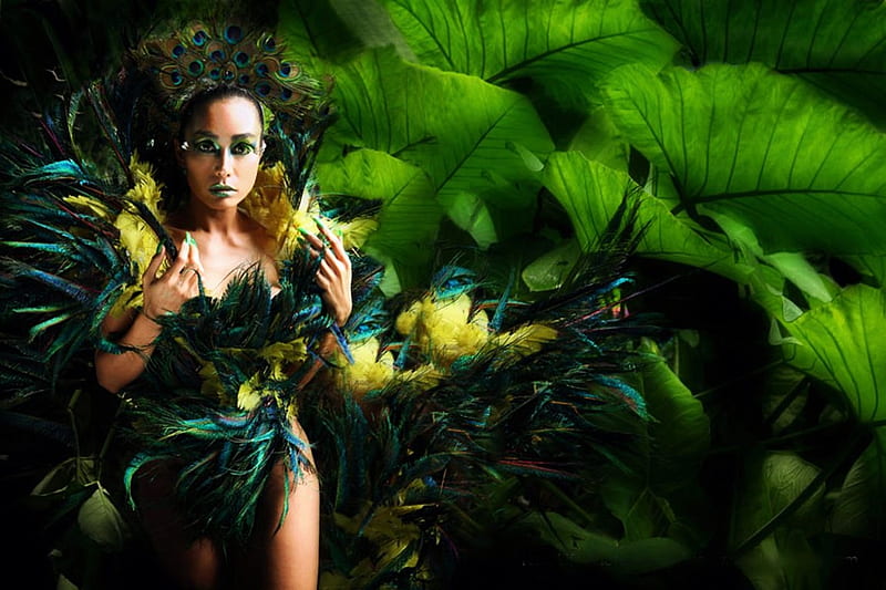 Lady Peacock, leaves, green, girl, artwork, feathers, HD wallpaper